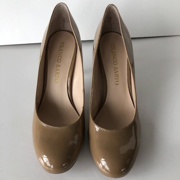 FRANCO SARTO manmade patent raisen tan nude taupe cushion 3.25" heel pumps US 7M - Picture 2 of 16